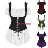 Medieval Steampunk 2Peices Clothing Set for Woman Off Shoulder Shirt Bandage Vest